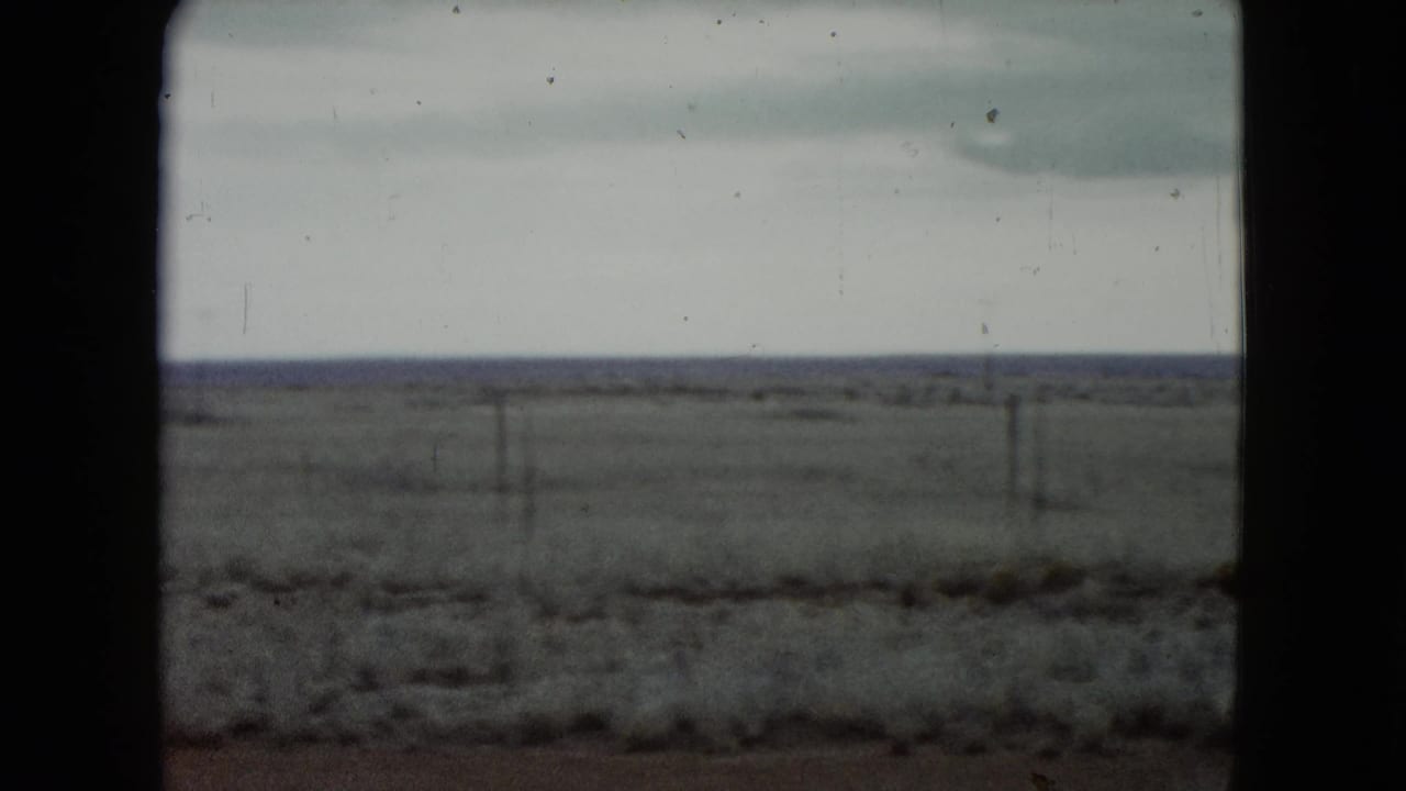 Open plain and fence posts under a pale sky, framed by dark vertical window edges.