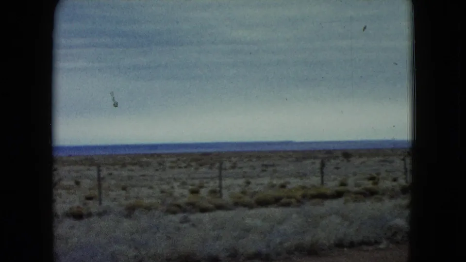 1960 Nevada 8mm view of dry grasses and scattered shrubs with fence posts set against a cloudy blue-gray horizon.