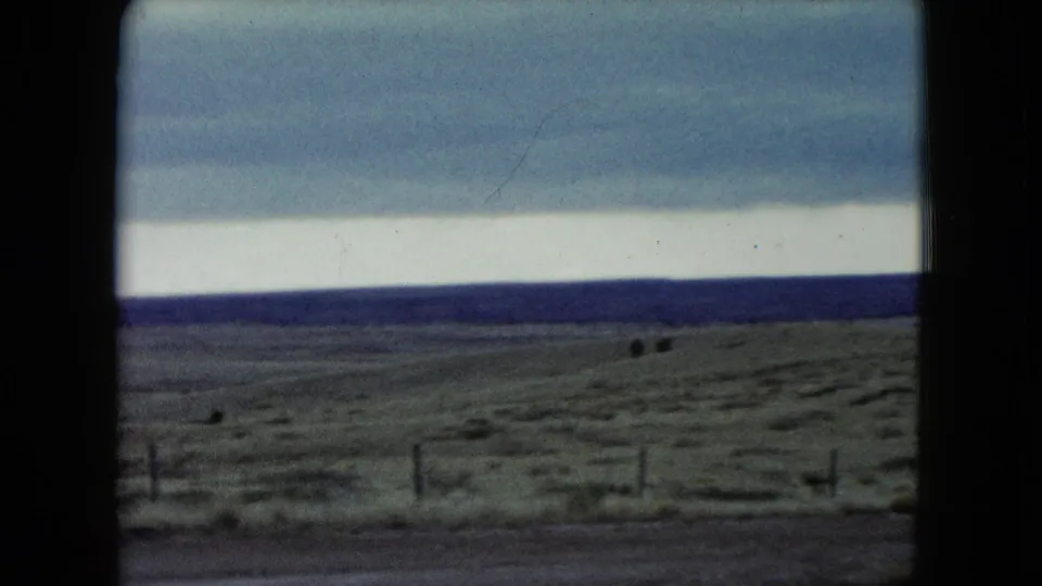 1960 Nevada 8mm frame of fenced arid prairie with two distant cattle shapes, soft focus, and overcast sky.