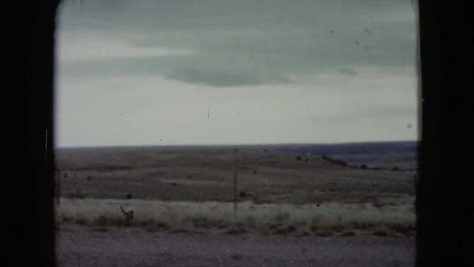 1960 8mm frame of an open Nevada desert plain with scrub, a distant horizon, and heavy film gate edges.