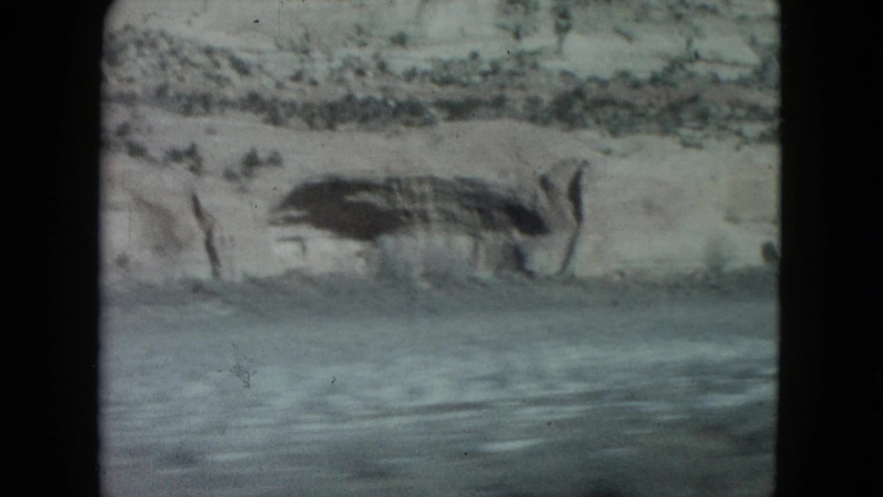 Close 8mm passenger-side view of a pale Nevada roadside cliff with scrub and a dark recess in the rock.