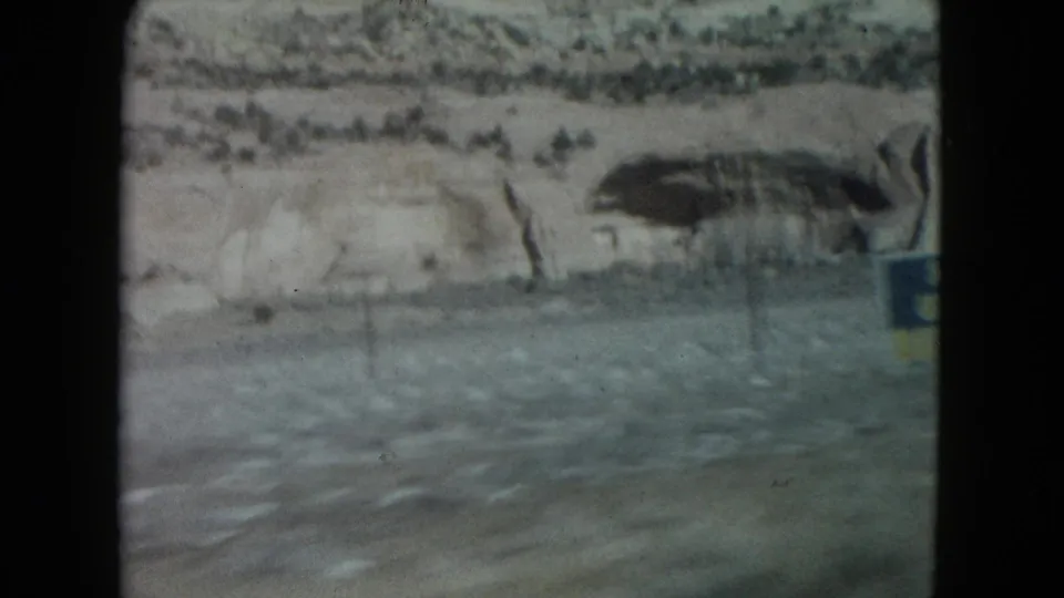 Moving-car view in Nevada showing blurred pavement, pale cliff layers, scrub, and a roadside structure or sign edge.