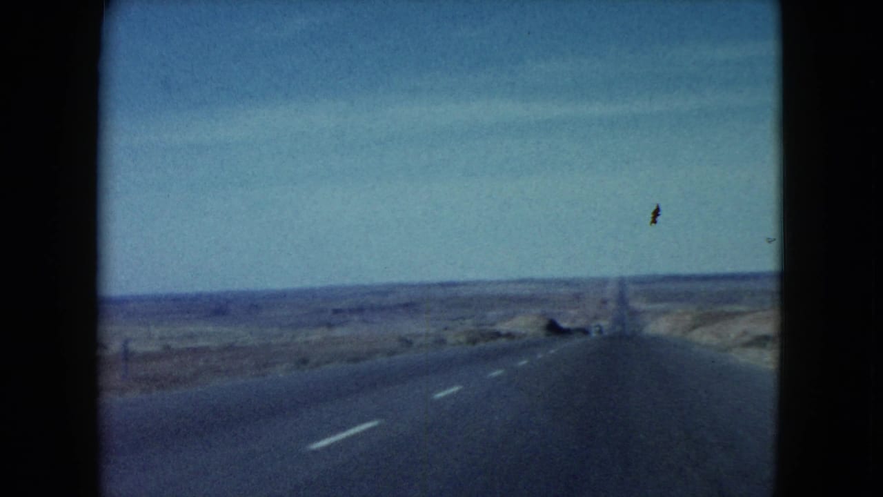 Straight desert highway receding toward a low horizon under a pale blue sky.