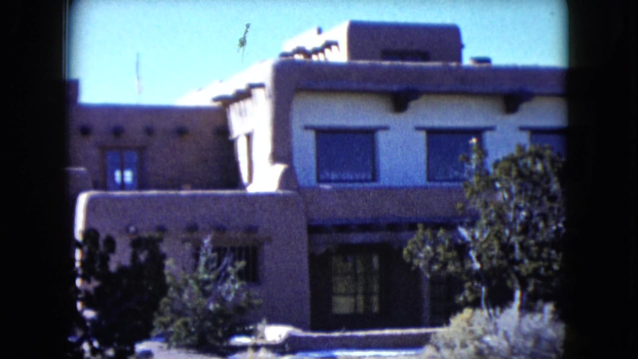 Stucco desert home with flat roof, shrubs, and bright blue sky.