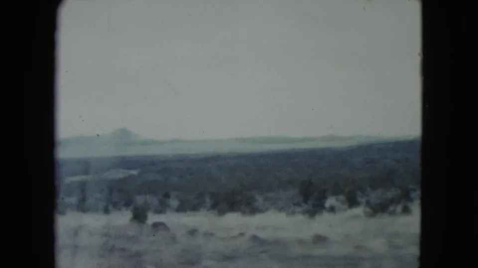 1960 Nevada road-trip footage frame showing sparse desert vegetation and distant mountains through grainy 8mm color.