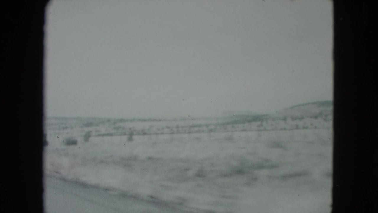 Passenger-view 8mm frame of an open Nevada desert roadside, with low hills and sparse vegetation under a pale sky.