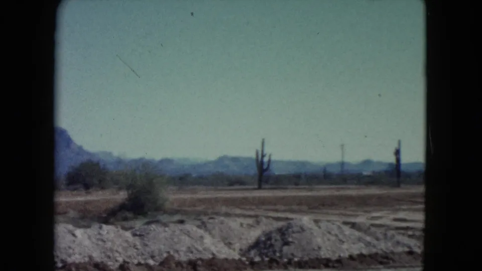 1960 8mm Nevada desert view with arid ground, sparse shrubs, tall cactus forms, and mountains in the distance.
