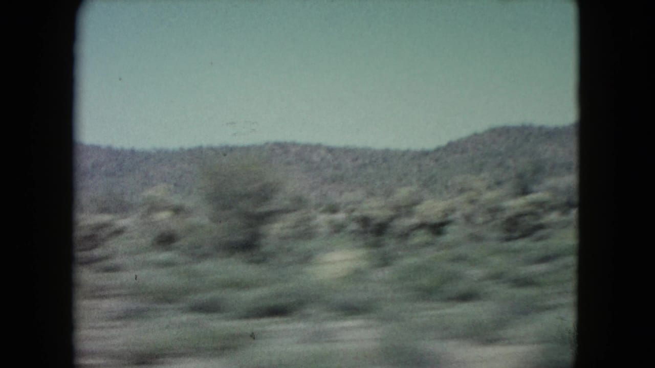 Blurred desert shrubs and low hills seen through dark frame edges.