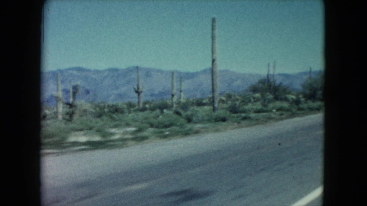 1960 Nevada home-movie frame from a moving vehicle showing a paved desert road, tall cacti, low shrubs, and distant mountains.