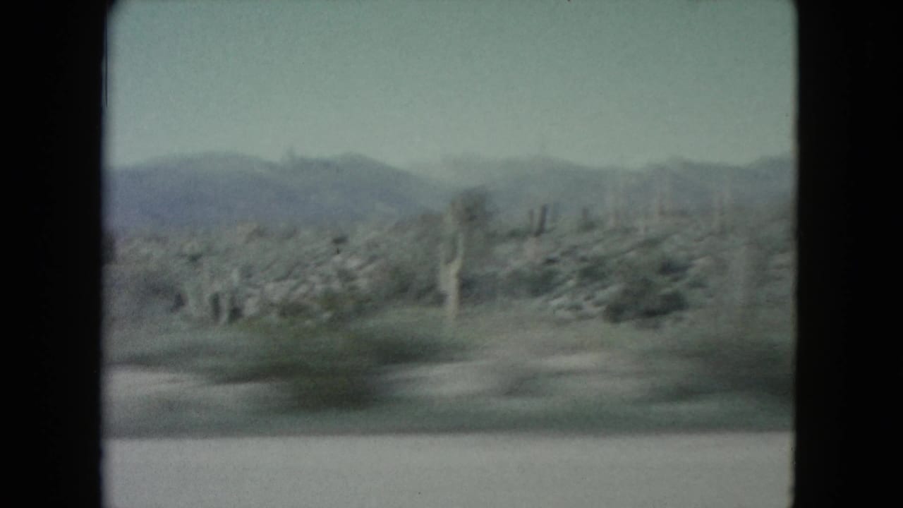 Rocky desert slope with scattered cacti and mountains beyond, blurred by vehicle movement.
