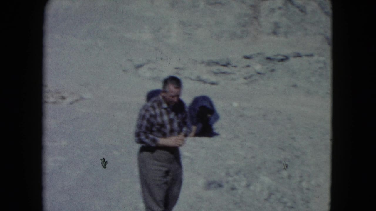 A man in plaid 1960s casual clothing pauses in the Nevada desert, with pale rocky ground filling the frame.
