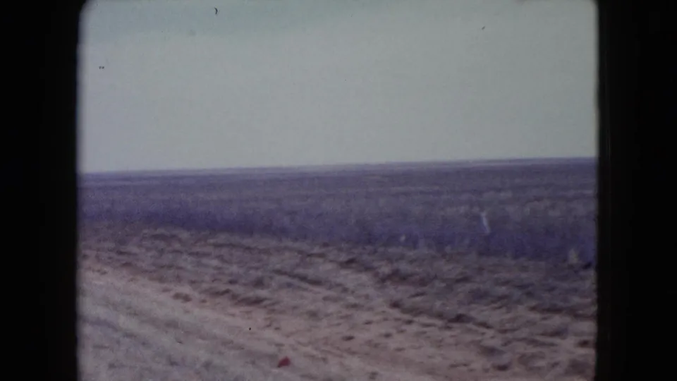 1960 Nevada frame showing a muddy unpaved road in the foreground with dry scrubland and a low horizon beyond.