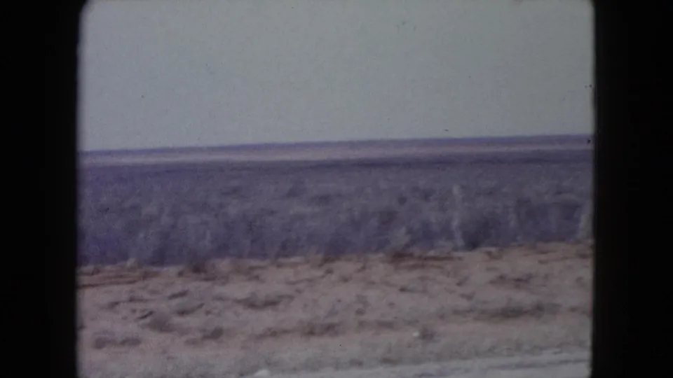1960 Nevada desert landscape with low scrub, sandy foreground, and dark 8mm projection borders.