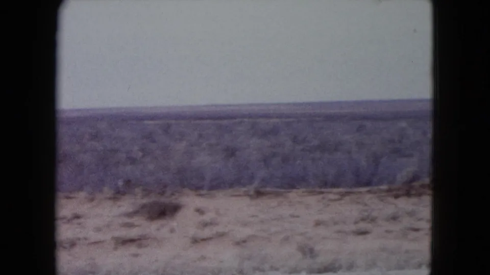 1960 Nevada home-movie still of open scrub desert and sandy roadside ground under washed pale daylight.