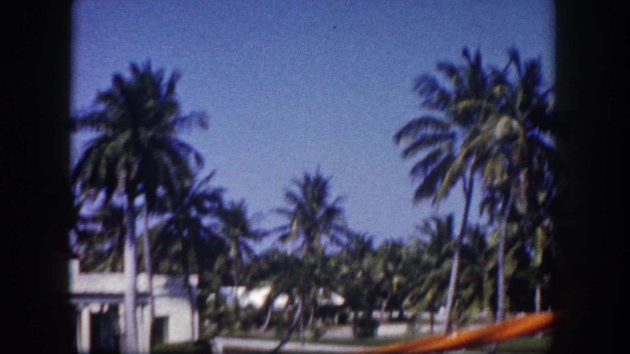 White homes and tall palm trees under a clear blue sky, framed by dark 8mm film borders.