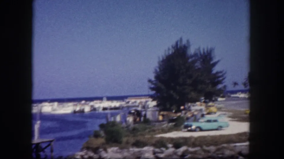 1960 Tampa 8mm frame showing a marina shoreline with a large tree, pale blue car, boats, water, and small distant people.