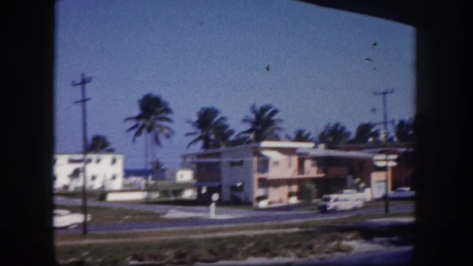 Tampa roadside buildings, palm trees, utility poles, parked or passing cars, and sandy foreground appear in a soft 8mm frame.