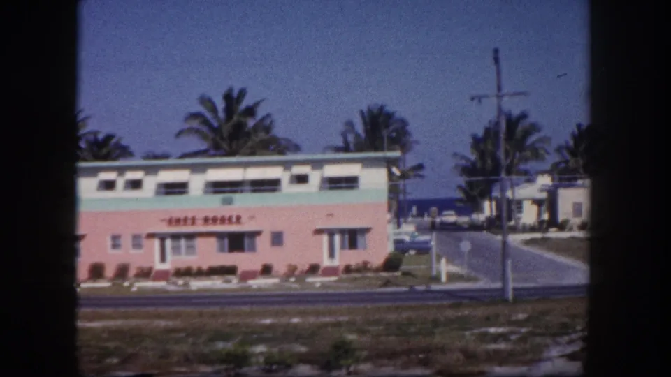 1960 Tampa view of a pink and mint low-rise motel, palm trees, roadside grass, and a driveway at right.