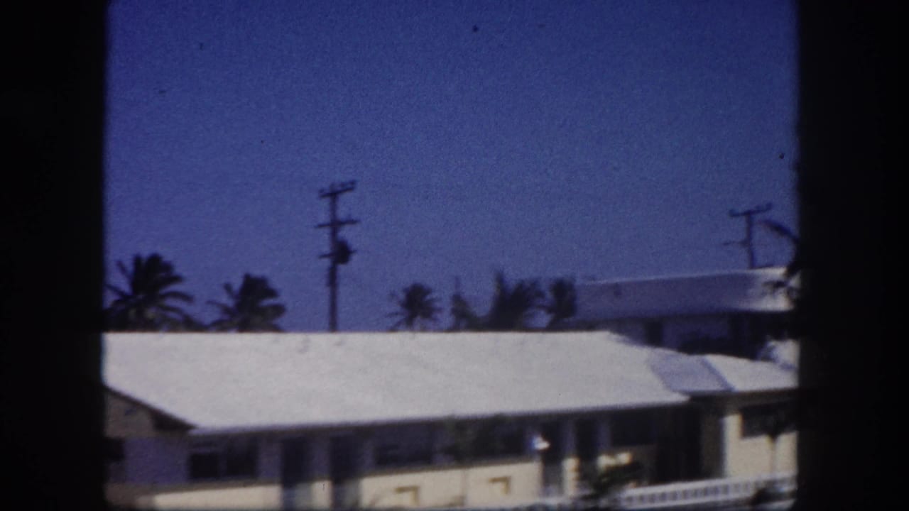 White waterfront building with palm trees, utility pole, and dark vertical film-frame edges.