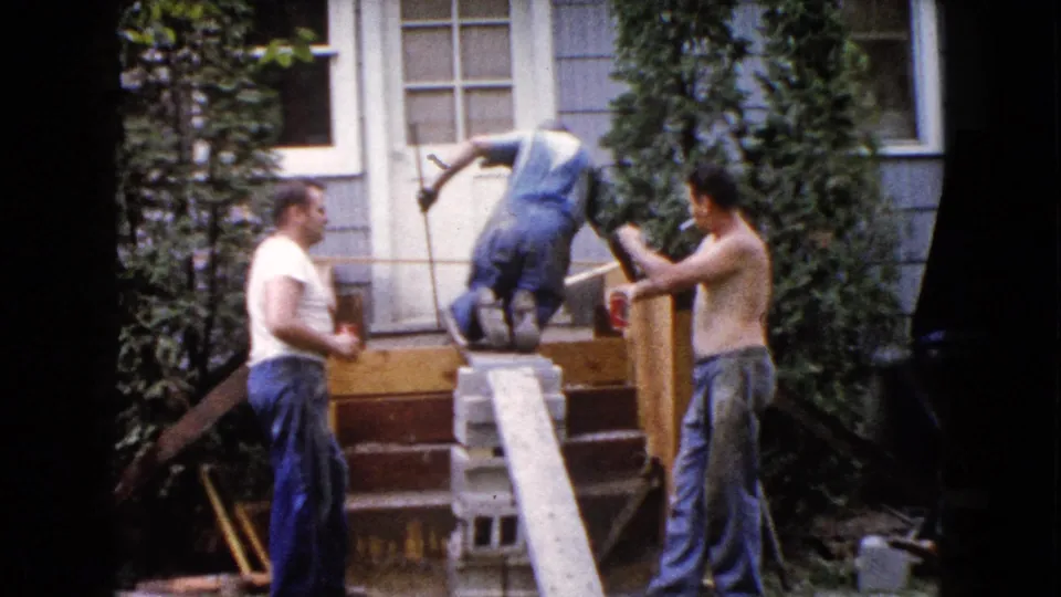 In the Wauconda 1960 porch scene, one man climbs onto the steps as two men stand nearby, one holding a can.