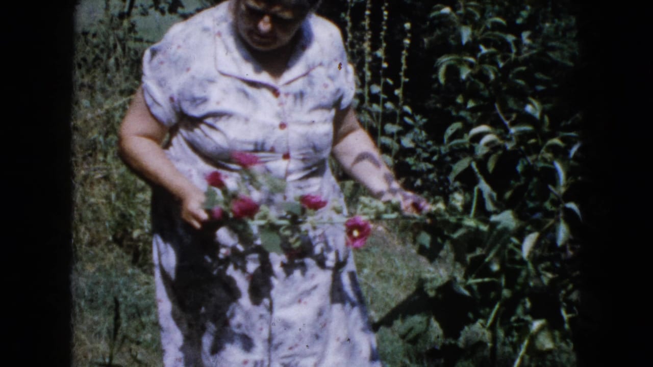 Woman in a light floral dress holds red flowers beside tall garden plants.