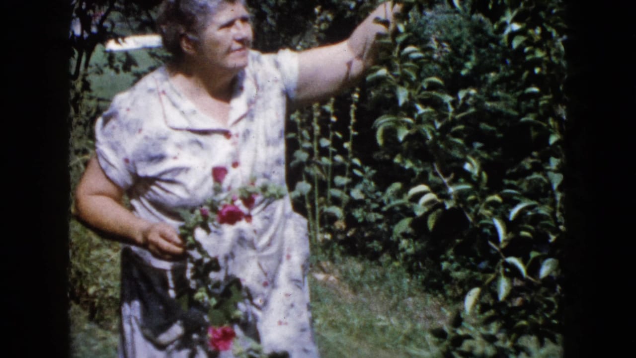 Older woman in a floral dress holds red roses beside a leafy fruit tree.