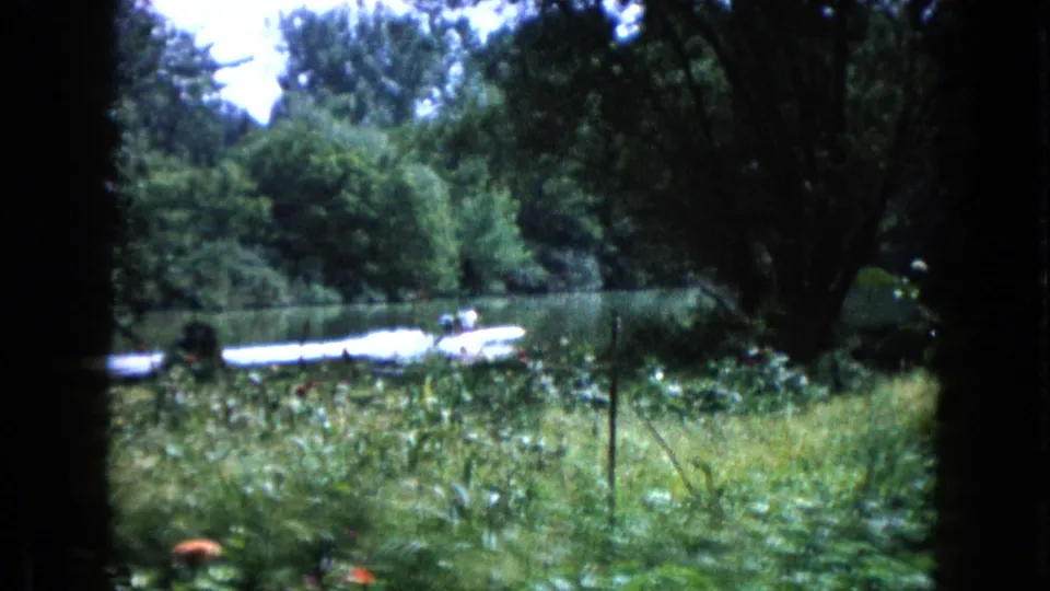 1960 Wauconda frame with a white motorboat on still water, viewed through tall garden plants and shaded trees.
