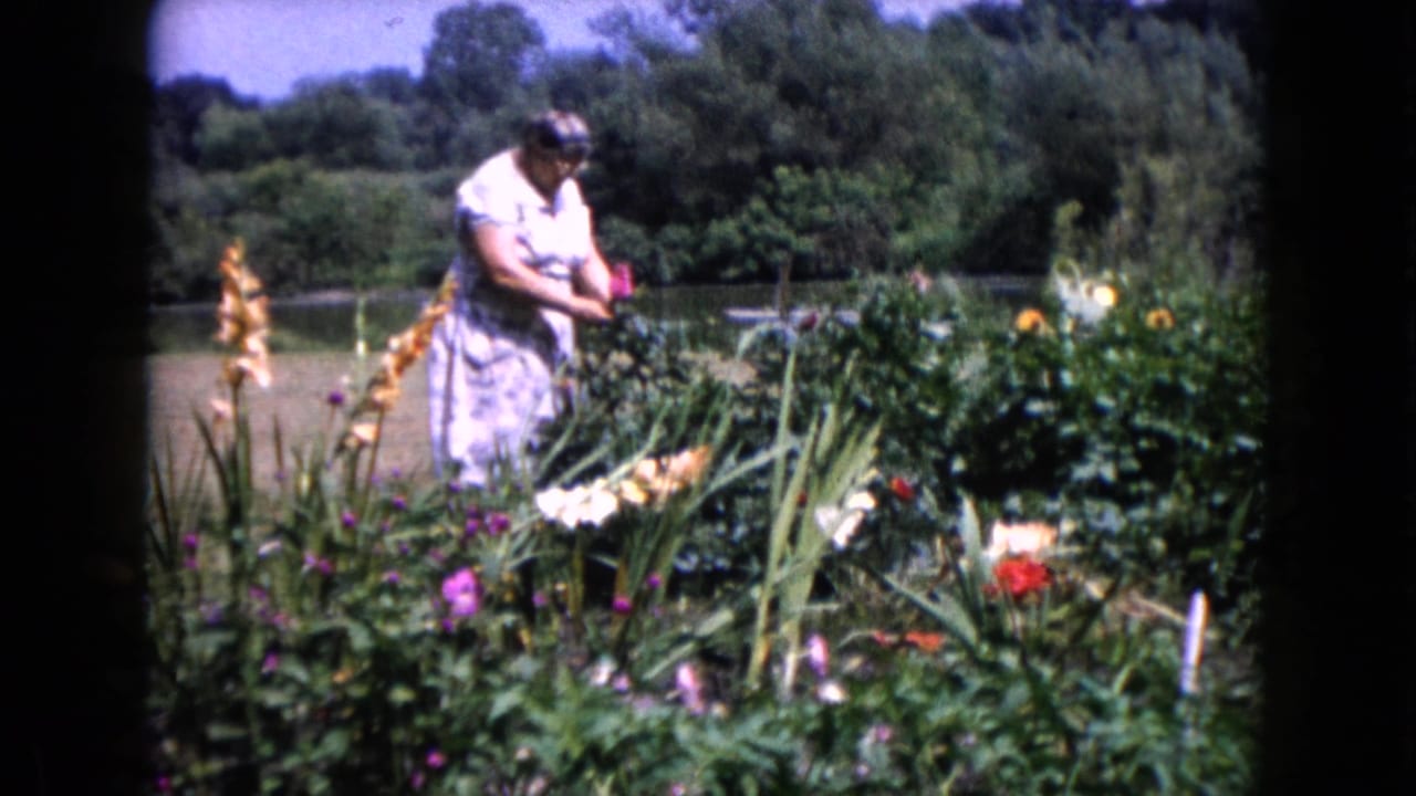 Woman in a light dress tending flowers beside a pond or lake.
