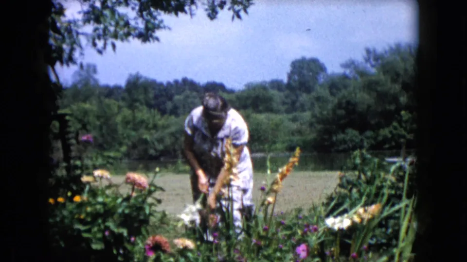The woman in a pale dress leans down among garden flowers, with a broad lawn and tree line visible behind her.