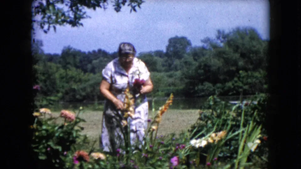 In the final frame, the woman stands in the Wauconda garden holding gathered blooms against a sunny lawn and trees.