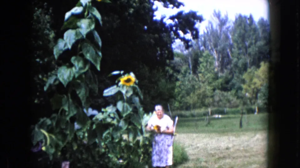 In the metadata-supported Wauconda garden scene, the woman faces the camera while holding a yellow flower or object near the plants.