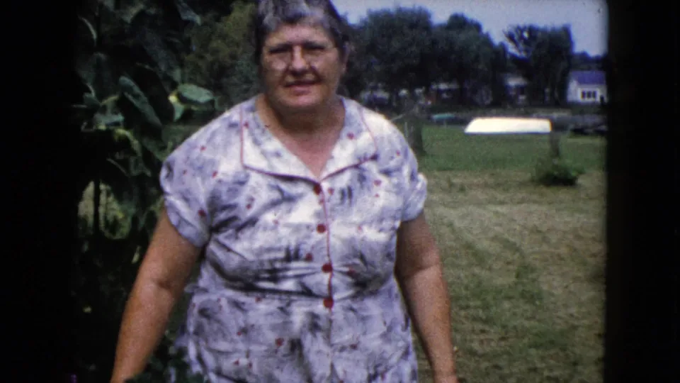 Adult woman in a patterned house dress walks through a Wauconda yard in 1960, with sunflowers, grass, trees, and a distant house visible.