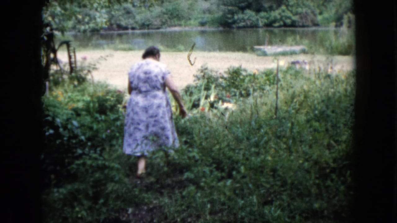 Woman seen from behind reaches into tall garden plants beside a pond and trees.