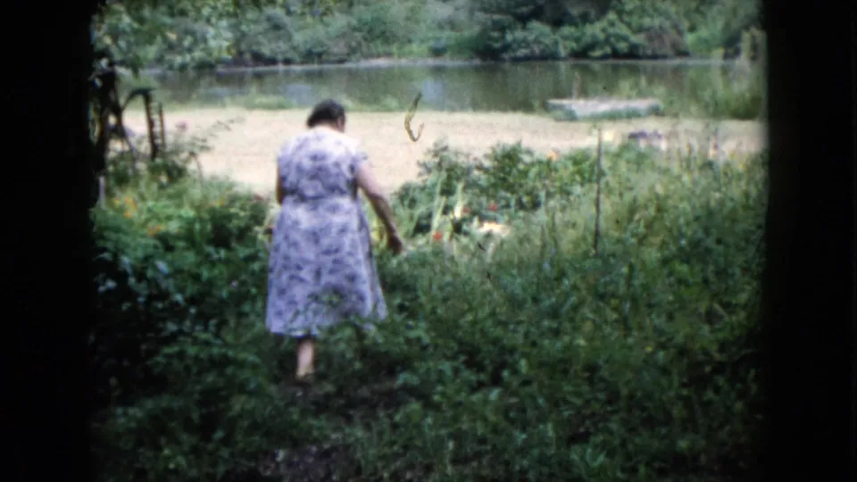 The woman stands partly turned away among tall green plants in the 1960 Wauconda garden scene, with pond water behind her.