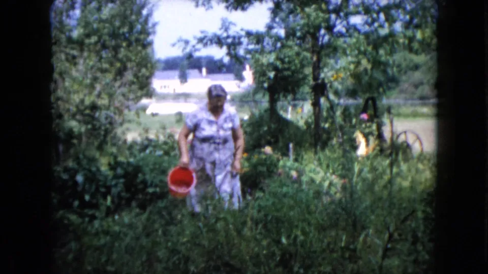 The woman stands facing the camera with a red bucket in the garden, with Wauconda water, trees, and distant houses in view.