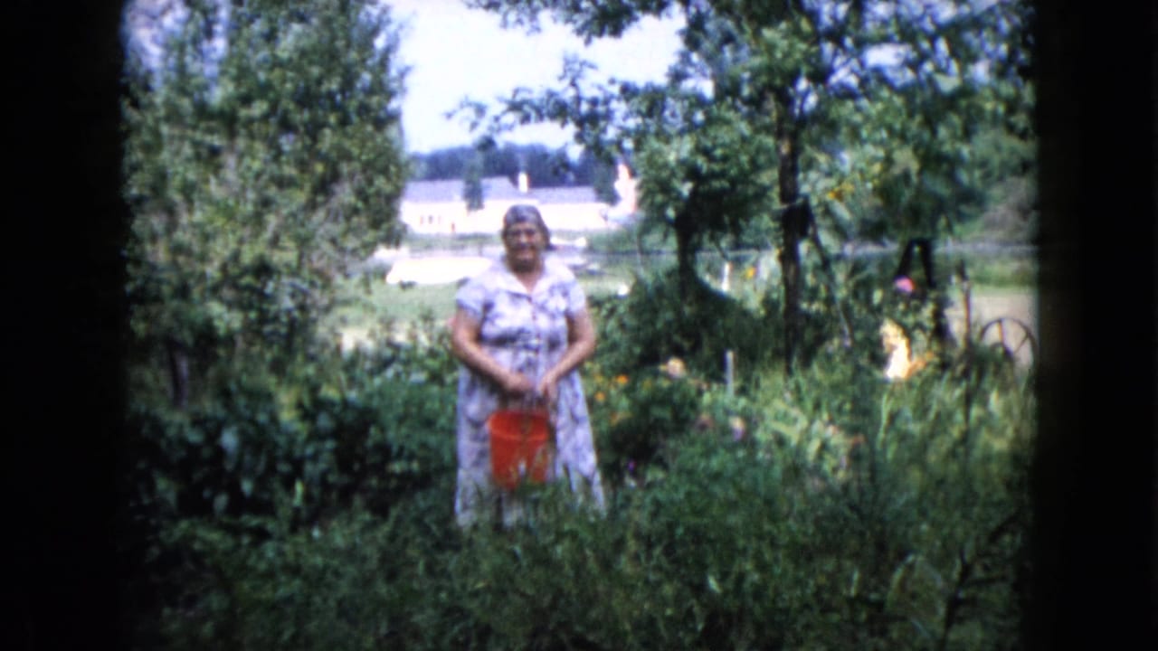 A woman in a patterned dress faces the camera in a Wauconda garden, with a red bucket and distant house visible.