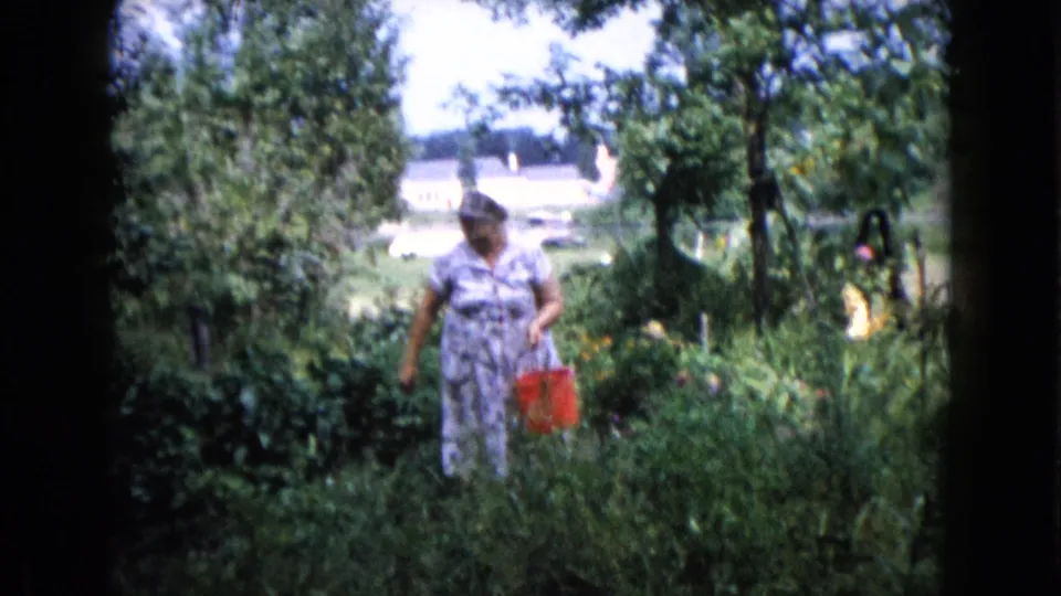 The woman walks through the Wauconda garden carrying a red bucket, surrounded by bushes and tall plants.
