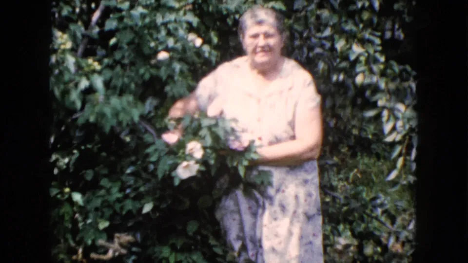 Older woman faces the camera while holding flowers in a lush backyard garden in Wauconda, Illinois, in 1960 8mm footage.