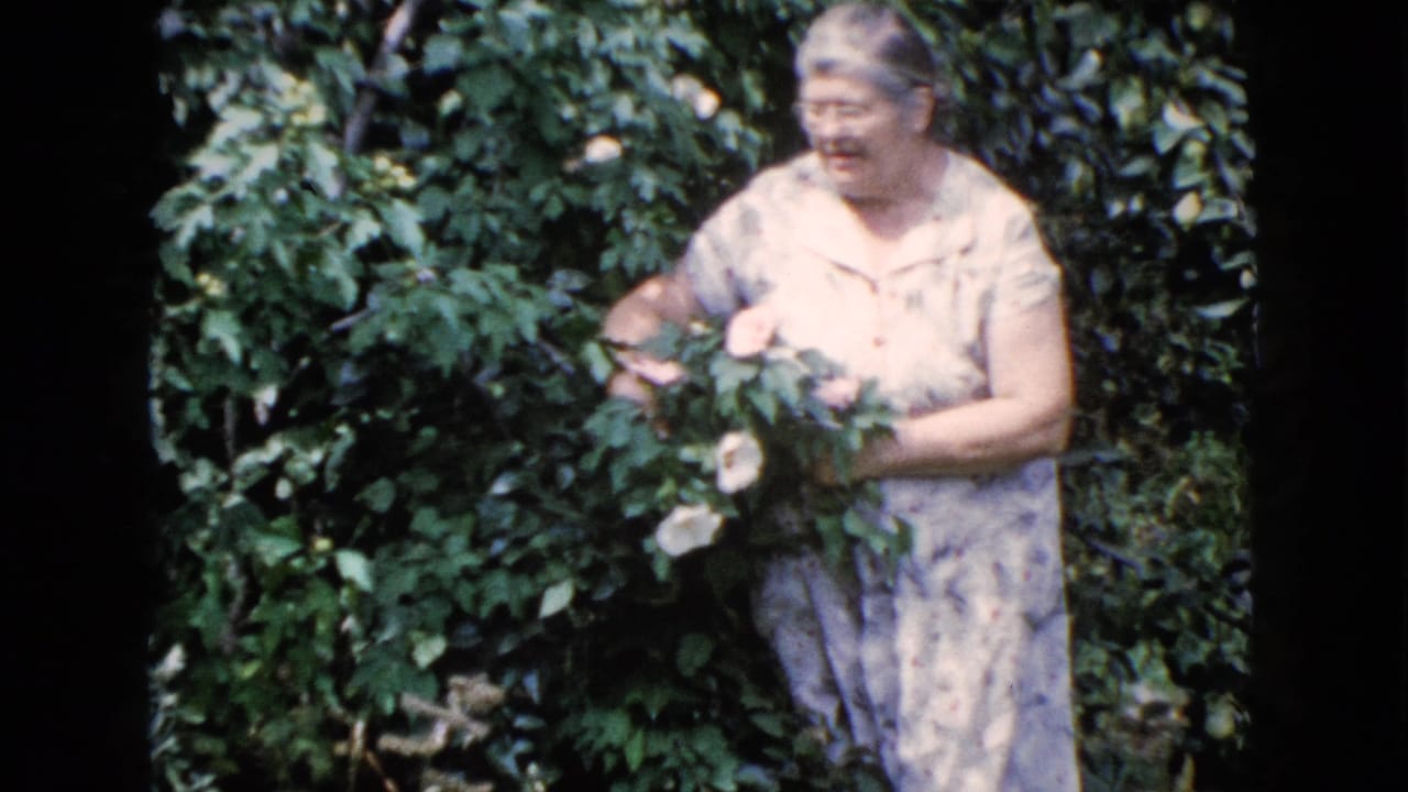 Woman holding a rose bouquet beside dense garden greenery.