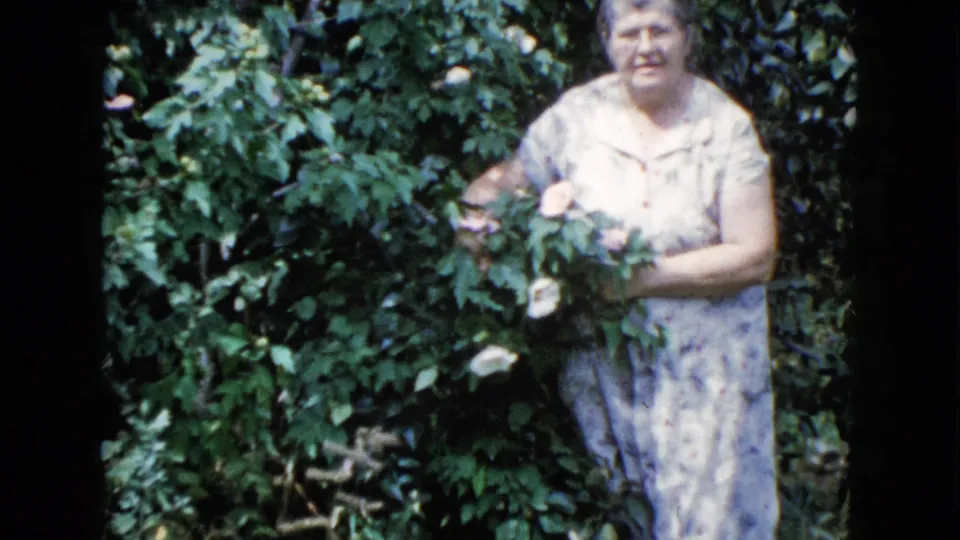 The final frame shows the woman standing among leafy branches with white roses, retaining the soft color and grain of 8mm film.