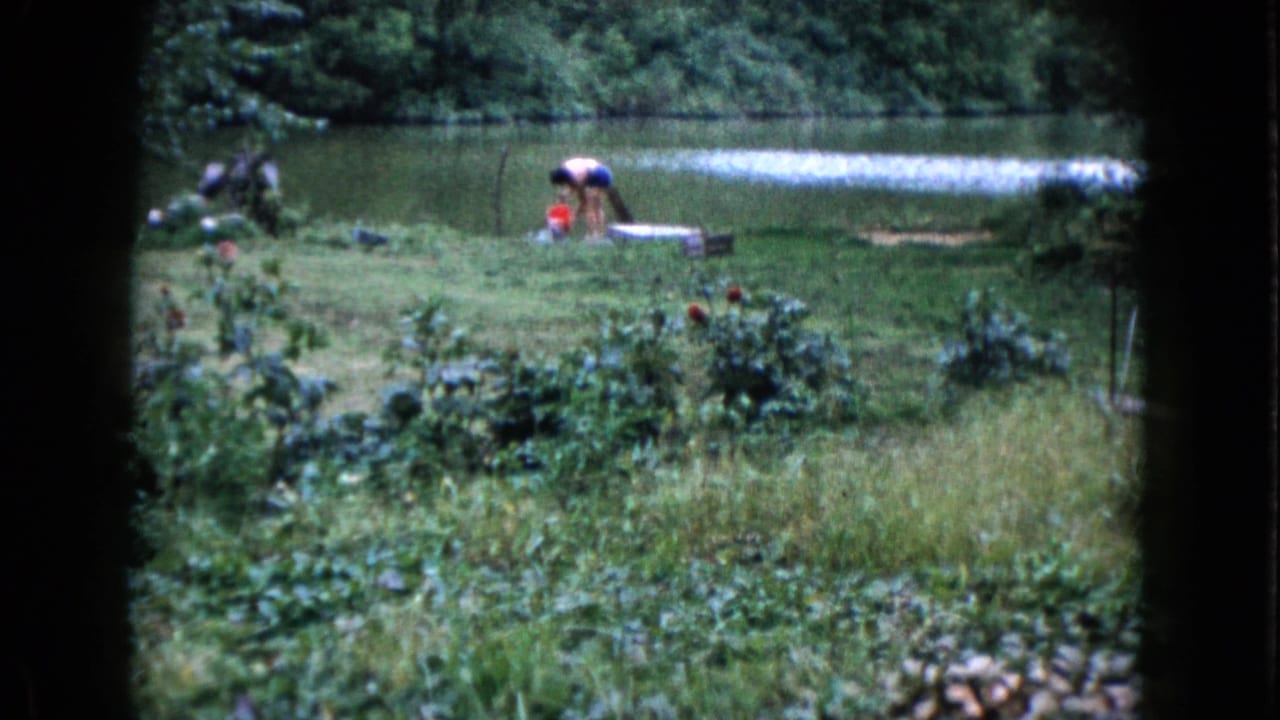 Woman bends near the pond edge with a red bucket beside her on the grass.