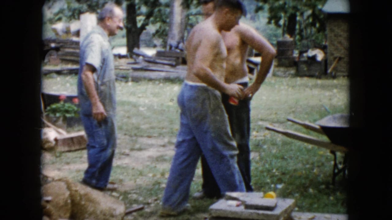 Three adult men stand in a yard near tools, a wheelbarrow, boards, and plants.