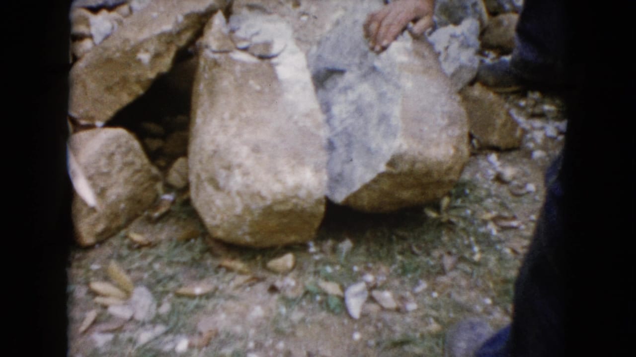 1960 Wauconda home-movie frame showing large backyard stones and a partial adult figure near the top edge.