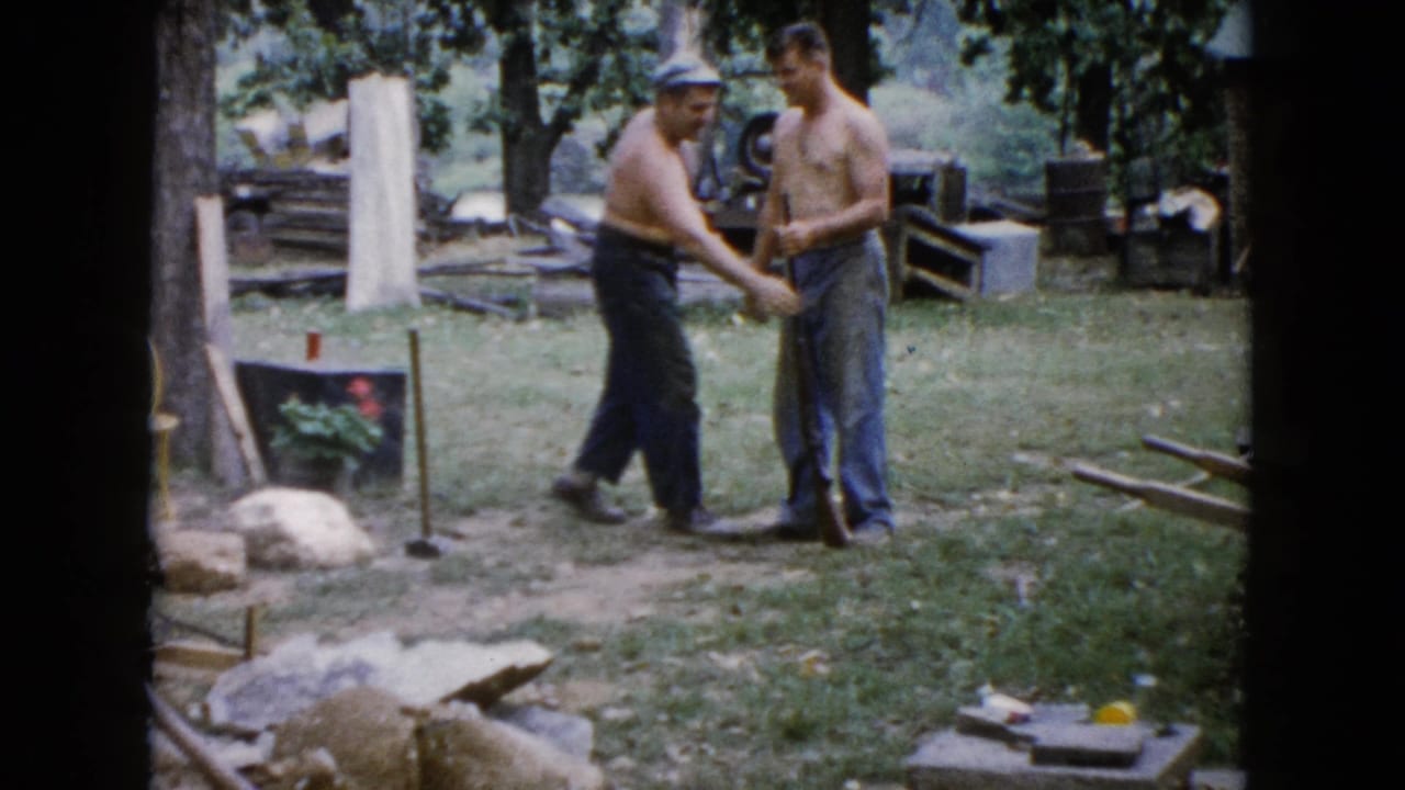 Two men in a Wauconda, Illinois backyard exchange a sledgehammer or similar long-handled tool among trees, lumber, and rocks.