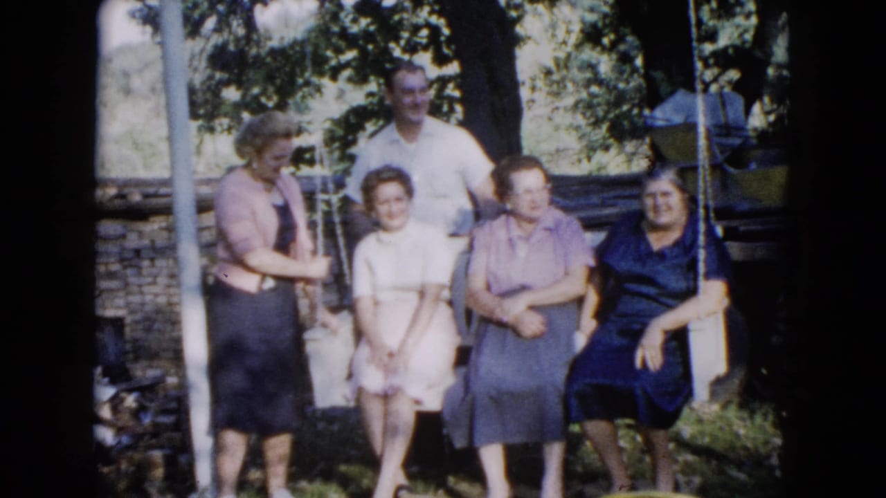 Five adults pose in a Wauconda, Illinois garden in 1960, with a swing set, trees, and a low wall behind them.