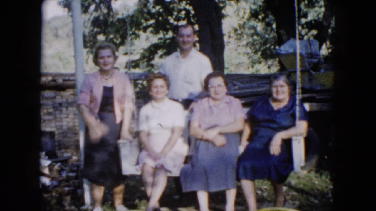 A 1960 home-movie frame shows five adults posing in a Wauconda garden, with a swing set and leafy background visible.
