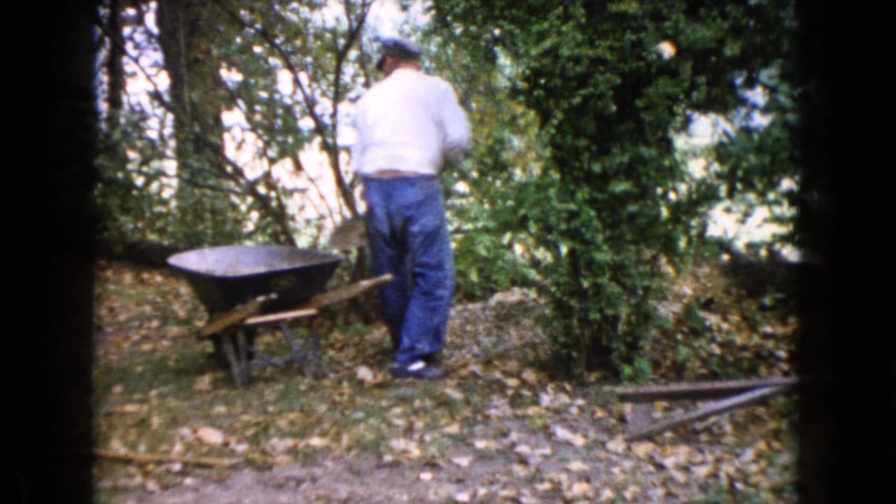 In Wauconda, Illinois, a man in a white shirt and blue jeans stands beside a wheelbarrow in a leafy wooded yard.