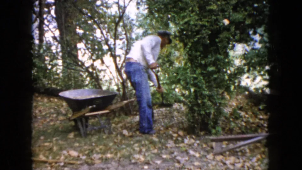 The man continues shoveling in a leaf-strewn wooded yard in Wauconda, Illinois, with a wheelbarrow positioned nearby.