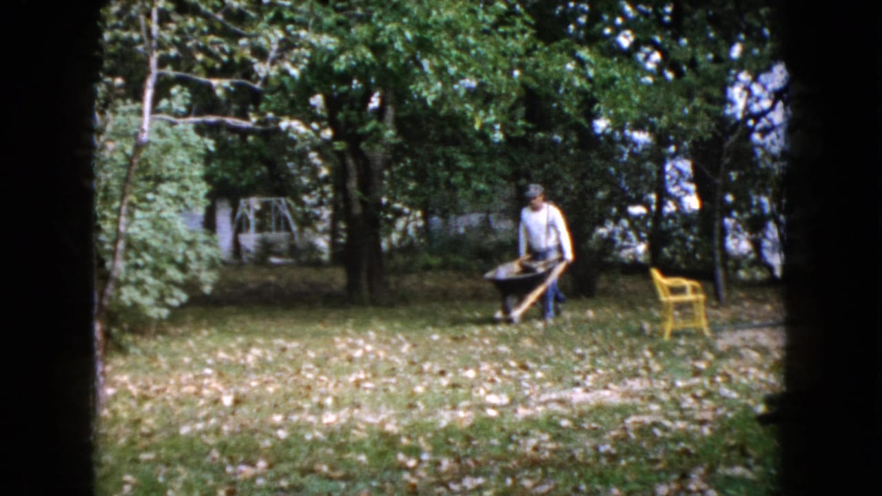 Man with a wheelbarrow passes a yellow chair on a shaded backyard lawn.