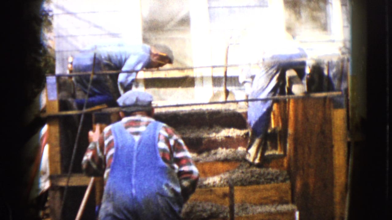 Three men work around wooden forms and wet concrete steps outside a house.